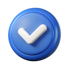 Poster - 3d rendered blue circle button with white check mark representing confirmation and acceptance on white background