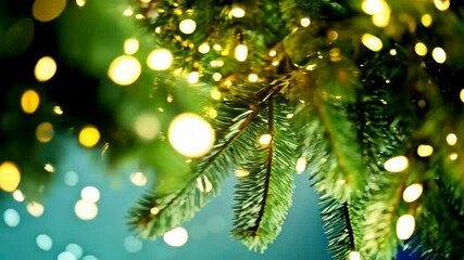 Poster - Festive background of glowing lights and fresh green pine boughs with bokeh creating a magical and dreamy holiday atmosphere.