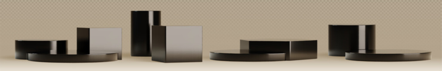 Poster - black podiums and pedestals in geometric shapes - cylinders, rectangular blocks, curved segments. gl