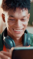 Aufkleber - Happy, man and laugh with tablet at house for research, news trend and live streaming platforms. Male person, influencer and digital for reading comments, social media post and editing podcast script