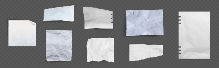 Poster - Crumpled paper sheets set - various white and checkered wrinkled page pieces with torn, ripped edges isolated on black background. Blank note, notebook leaf realistic vector illustration collection.