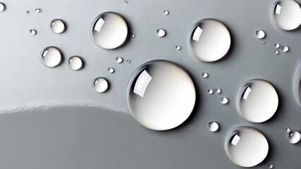 Poster - Scattered transparent water droplets of varying sizes on a plain light gray surface for a clean and minimalist aesthetic.