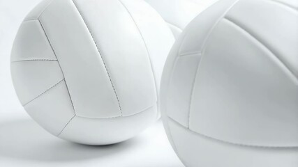Poster - Close-up of a pile of clean white volleyballs on a white surface, showcasing their textures, shadows and minimalist aesthetic for sports concepts.