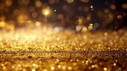 Poster - Golden glittering surface with bokeh lights and star shapes, creating a festive, luxurious, and glamorous backdrop for celebrations and holiday events