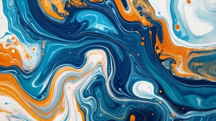 Poster - Abstract artwork featuring swirling and merging paint textures in shades of blue, orange, and white with fluid dynamic effect.