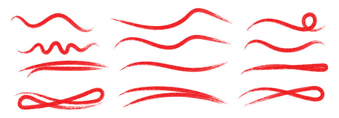 Poster - Red marker underline brush stroke set. Grunge scrawls, charcoal scribbles, rough brush strokes. Hand drawn doodle pencil scratch mark. Vector swoosh brush handwritten underline set. Vector illustratio