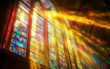 Poster - Stained glass window in a church with sunlight shining through, creating beautiful light rays. Abstract background with copy space for text and a message about Jesus Christ, sun shadow, and God's rays