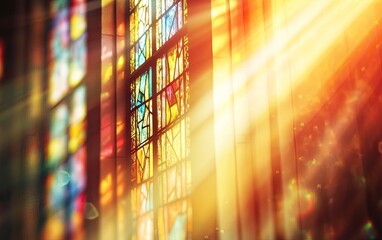 Poster - Stained glass window in a church with sunlight shining through, creating beautiful light rays. Abstract background with copy space for text and a message about Jesus Christ, sun shadow, and God's rays