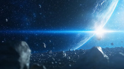 Wall Mural - A bright sun rises over the edge of a planet, illuminating space filled with asteroids and distant stars.