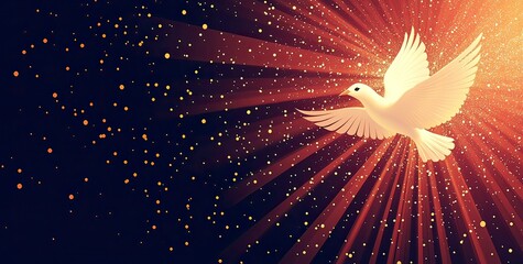 Poster - Vector illustration of a holy spirit background with copy space, a white dove, and golden light rays on a red color background. The design has a detailed character design and is set against 