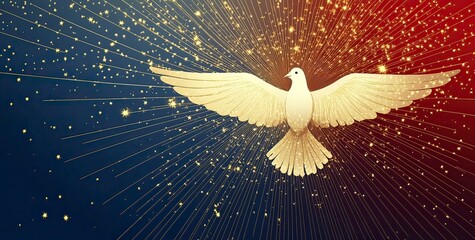 Poster - Vector illustration of a holy spirit background with copy space, a white dove, and golden light rays on a red color background. The design has a detailed character design and is set against 