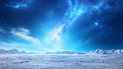 Wall Mural - A snowy landscape under a star-filled night sky with mountains and a bright, glowing Milky Way.