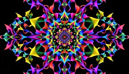 Poster - Vibrant, symmetrical kaleidoscopic pattern with swirling, multi-colored geometric shapes on a black background.
