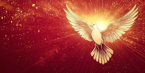 Poster - Vector illustration of a holy spirit background with copy space, a white dove, and golden light rays on a red color background. The design has a detailed character design and is set against 