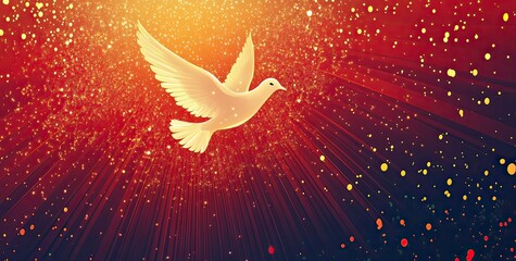 Poster - Vector illustration of a holy spirit background with copy space, a white dove, and golden light rays on a red color background. The design has a detailed character design and is set against 