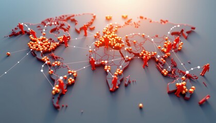 Poster - A stylized world map showing human figures and network connections across continents, symbolizing global communication and connectivity.