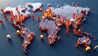 Poster - A 3D world map with connected figures and cubes symbolizes global communication, networking, and international connections.