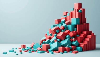 Poster - A pile of red and teal geometric cubes and blocks arranged in a pyramid-like shape on a minimal background.
