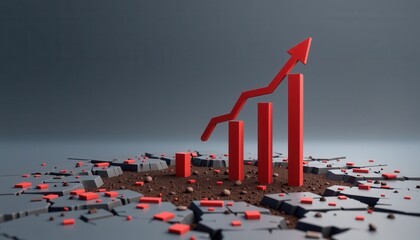Poster - A red bar graph with an upward arrow breaks through a cracked surface, symbolizing rapid business growth and overcoming challenges.