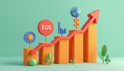 Poster - Colorful 3D bar chart with upward arrow, symbols for ESG, finance, and sustainability, set on a green background with plants.