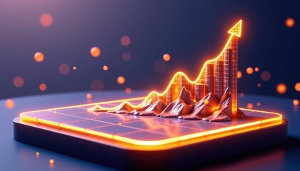 Poster - A glowing 3D graph with an upward trend, symbolizing growth and success, is displayed on a futuristic platform with vibrant orange highlights.