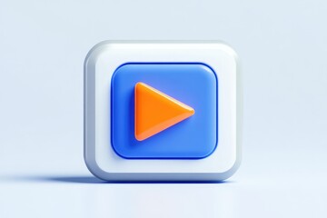 Fototapete - 3D rendered square play button; white border, blue background, orange triangle