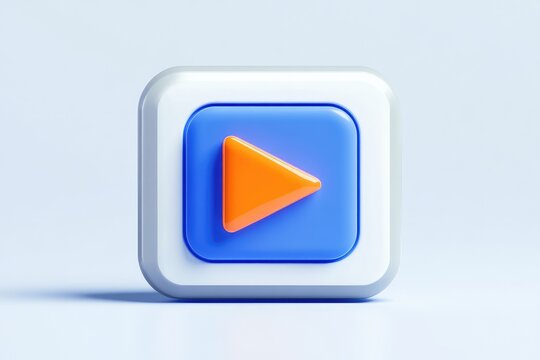 3D rendered square play button; white border, blue background, orange triangle