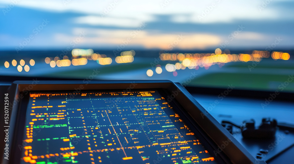 Flight Rader Console Close-up of radar screen in air traffic control tower with glowing ...
