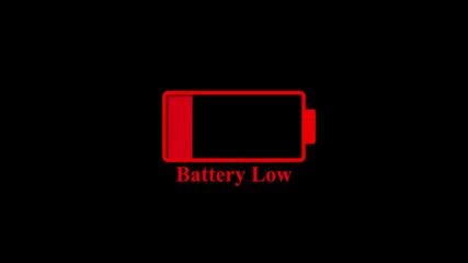 Poster - Animated red battery icon with low power alert on black background symbolizing battery depletion energy consumption and low charge warnings