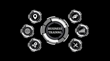 Poster - Futuristic interface design with animated business training elements on a black background