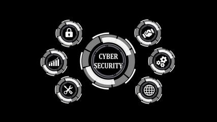 Poster - Futuristic cyber security illustration with circle icons representing protection data and global network on black background