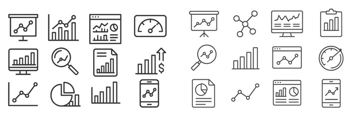 Poster - Collection of line art icons representing data analysis tools and graphs for visualizing statistics in modern business environments
