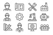 © Mark - Construction and engineering icons represent tools, machinery, and skilled workers in a modern industrial environment