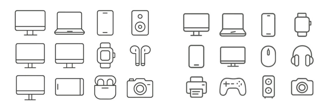 Technology icons representing modern devices and gadgets in simple line design on a white background