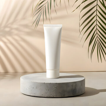 A sleek white cosmetic tube placed upright on a rough surface.
