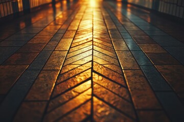 Poster - Golden hour illuminates a herringbone patterned walkway, creating a warm and inviting atmosphere.