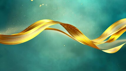 Poster - Golden ribbon floats gracefully in a shimmering, sparkly atmosphere, Ethereal golden ribbon floating with sparkling particles on blue-green background