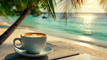 Wall Mural - Enjoying a cup of coffee by the tropical beach during sunset, Cup of coffee on a table by a tropical beach in bright summer sunlight