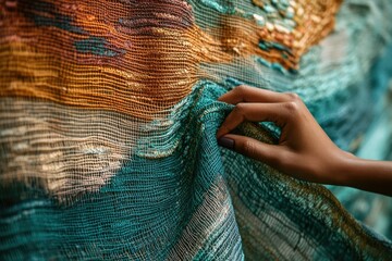 Poster - A hand delicately caresses a vibrant, textured fabric showcasing teal, gold, and beige hues.