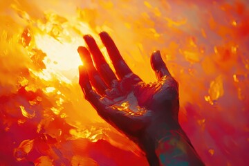 Aufkleber - A hand reaches into a fiery, liquid-like substance, bathed in warm, radiant light.