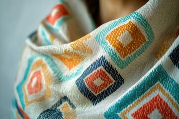Aufkleber - Close-up of a textured fabric with a geometric pattern in vibrant teal, orange, and red hues.