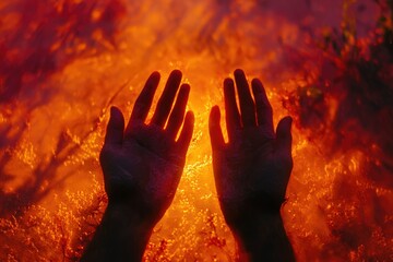 Aufkleber - Silhouetted hands reach towards an intense, fiery orange background, creating a dramatic and surreal scene.