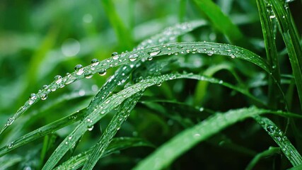 Poster - Closeup of green grass with raindrops glistening under soft morning light, Green grass close up raindrops slowly falling on the grass