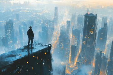 Poster - A lone figure stands on a rooftop overlooking a sprawling futuristic city, bathed in the soft glow of twilight.