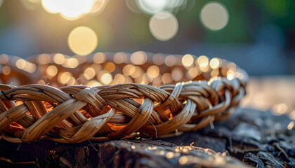 A woven basket with a sun shining on it. The basket is brown and has a wavy pattern