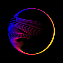 Poster - Abstract round shape of wavy lines smoothly flowing into circle frame. Vector color spectrum of light isolated on a black background with copy space