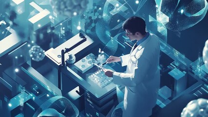 Poster - Advanced medical research with lab technician working with futuristic biotechnology