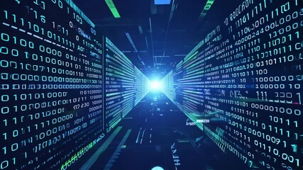 Global network data streams across a blue digital binary code background, illustrating the interconnectedness of technology and business