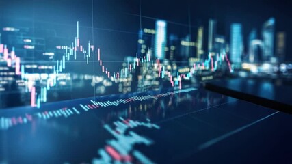 Poster - Financial Chart Overlaying Cityscape, Depicting Stock Market Fluctuations and Trends