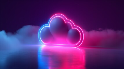 Poster - Neon cloud symbol illuminated in digital space, representing futuristic storage technology